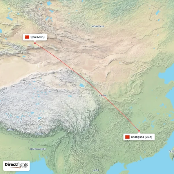 Changsha - Qitai direct flight map