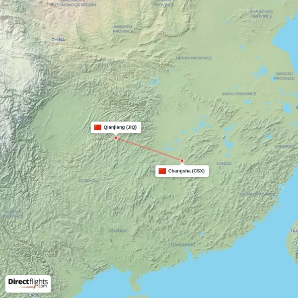 Changsha - Qianjiang direct flight map