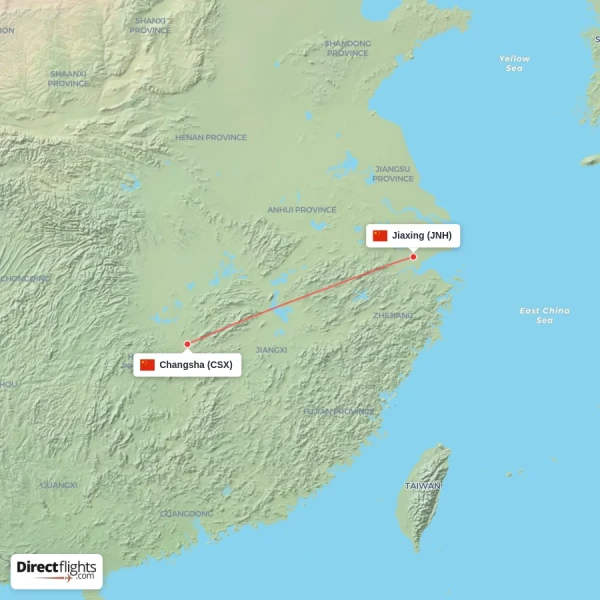 Changsha - Jiaxing direct flight map