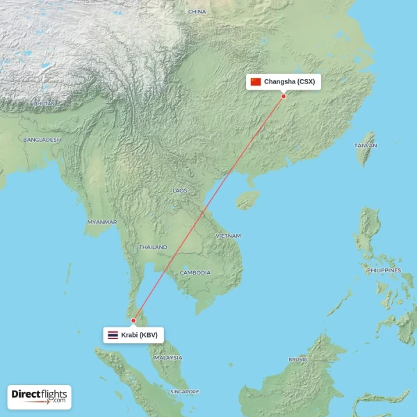 Changsha - Krabi direct flight map