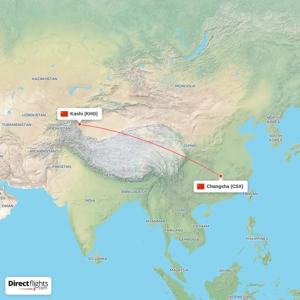 Changsha - Kashi direct flight map