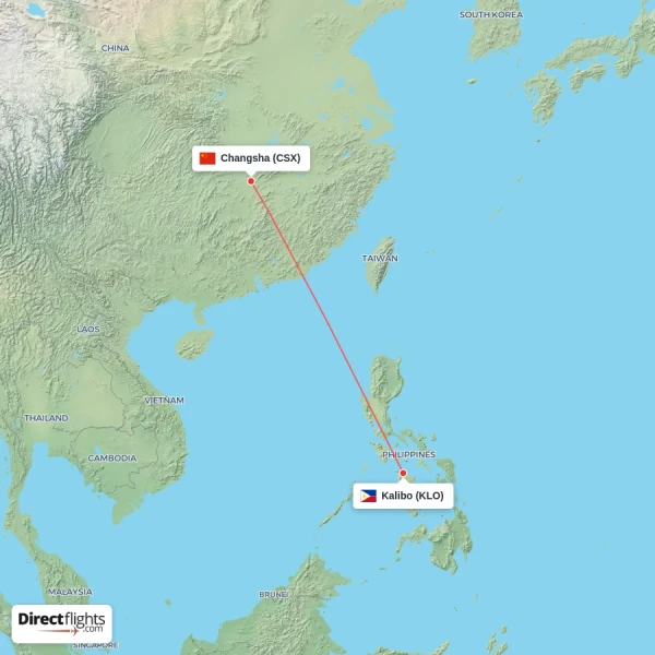 Changsha - Kalibo direct flight map