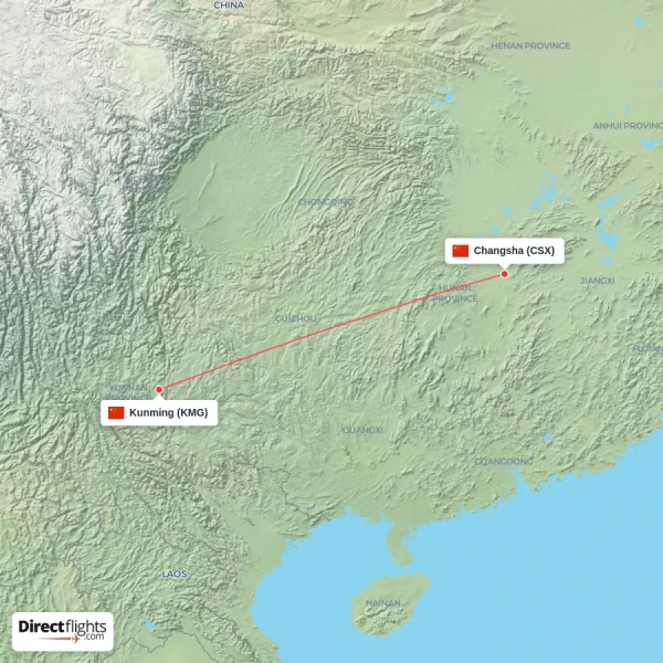 Changsha - Kunming direct flight map