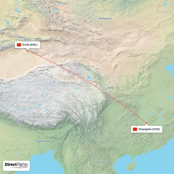 Changsha - Korla direct flight map