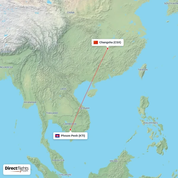 Changsha - Phnom Penh direct flight map