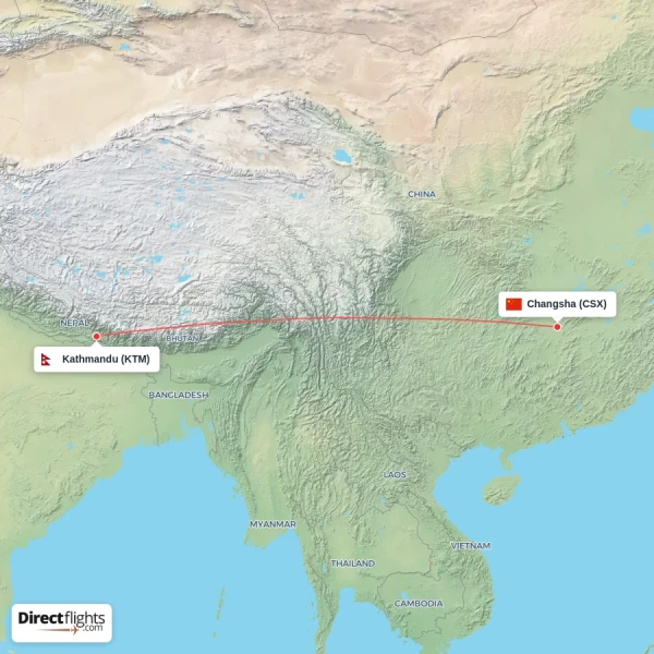 Changsha - Kathmandu direct flight map