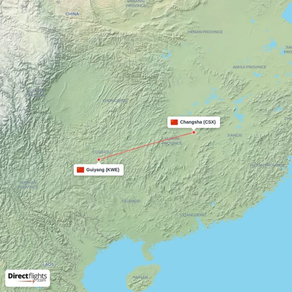 Changsha - Guiyang direct flight map