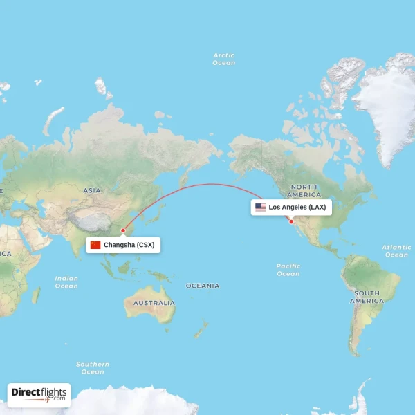 Changsha - Los Angeles direct flight map
