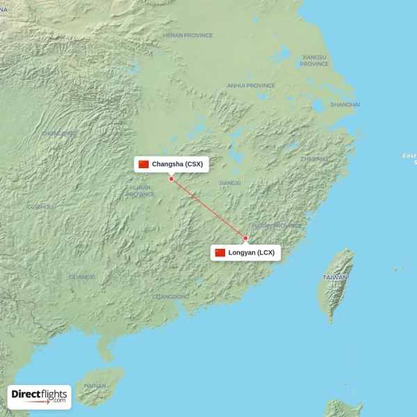 Changsha - Longyan direct flight map