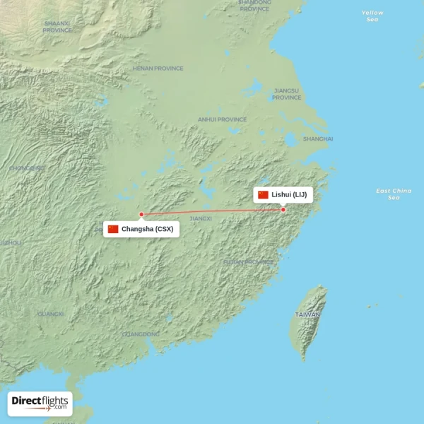 Changsha - Lishui direct flight map