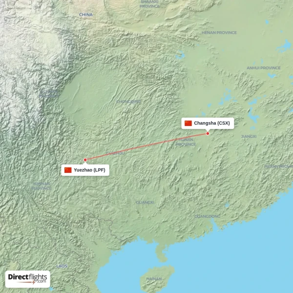 Changsha - Yuezhao direct flight map