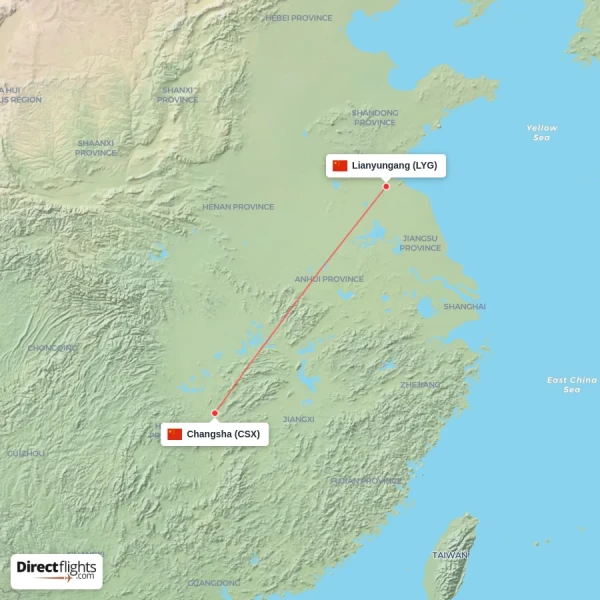 Changsha - Lianyungang direct flight map