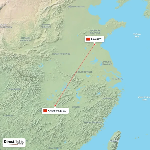 Changsha - Linyi direct flight map