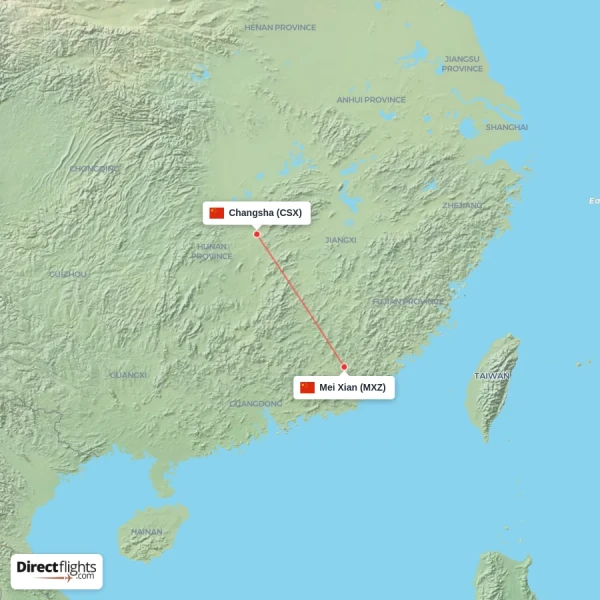 Changsha - Mei Xian direct flight map