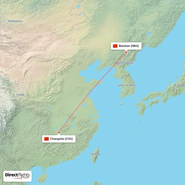 Changsha - Baishan direct flight map
