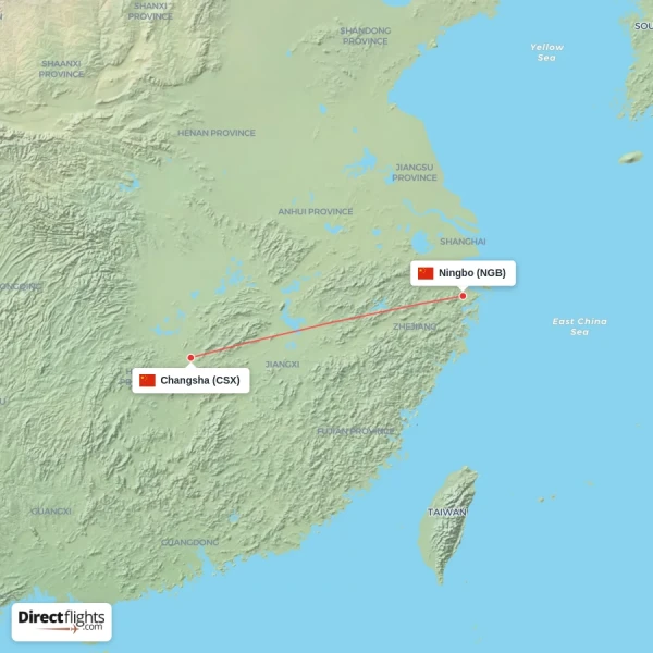 Changsha - Ningbo direct flight map