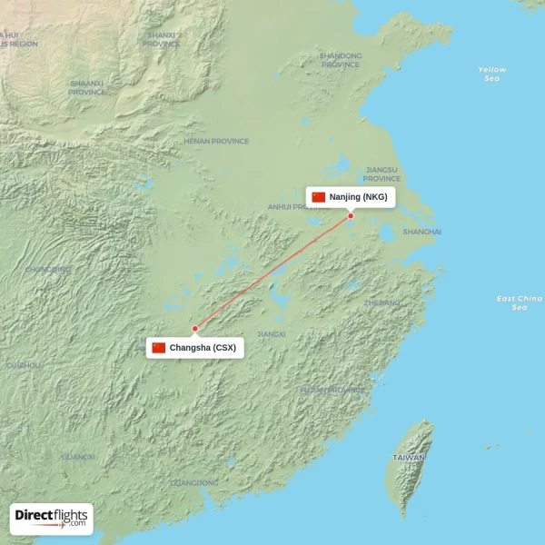 Changsha - Nanjing direct flight map