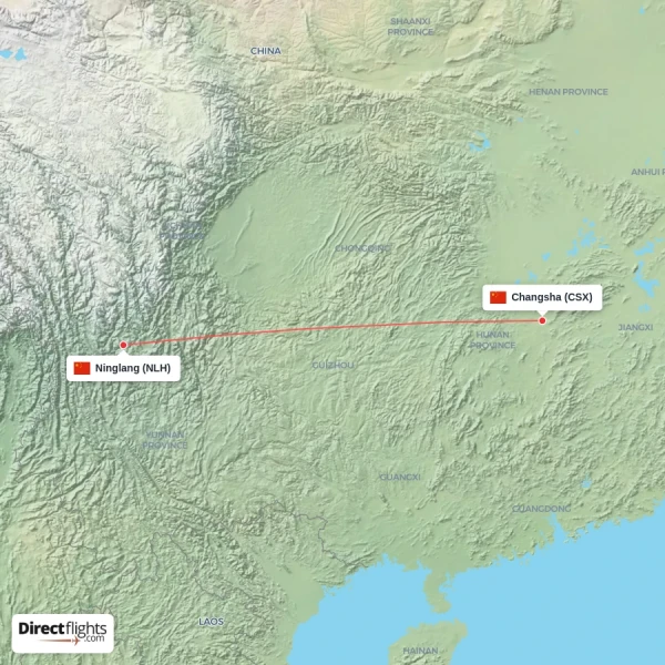 Changsha - Ninglang direct flight map