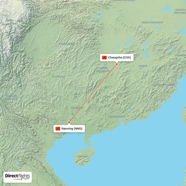 Changsha - Nanning direct flight map