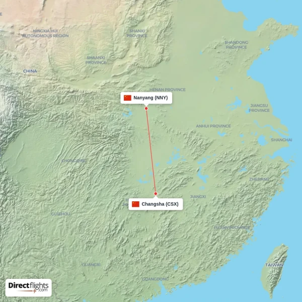 Changsha - Nanyang direct flight map