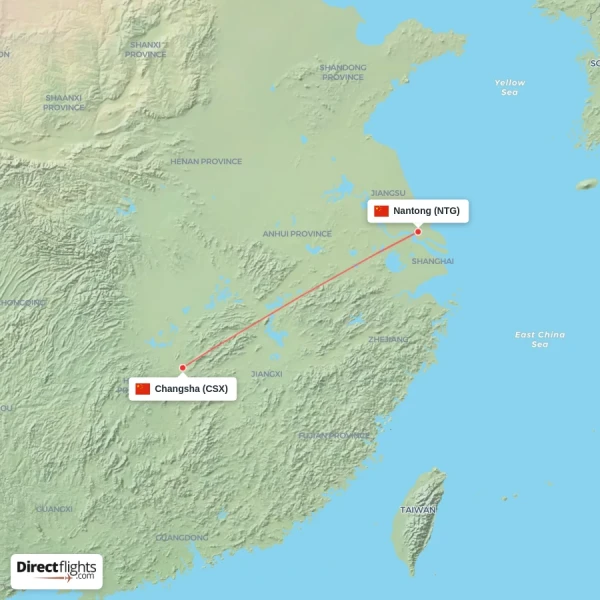 Changsha - Nantong direct flight map