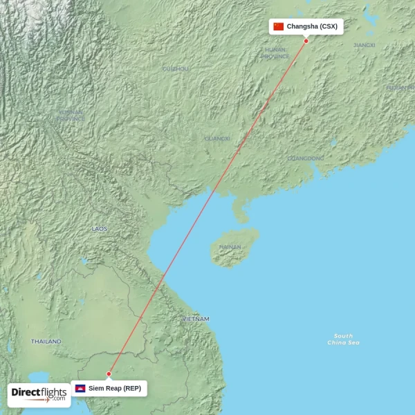 Changsha - Siem Reap direct flight map