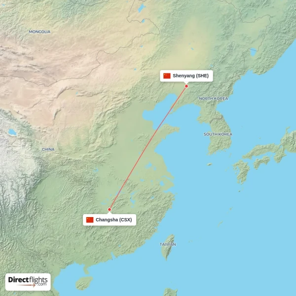 Changsha - Shenyang direct flight map