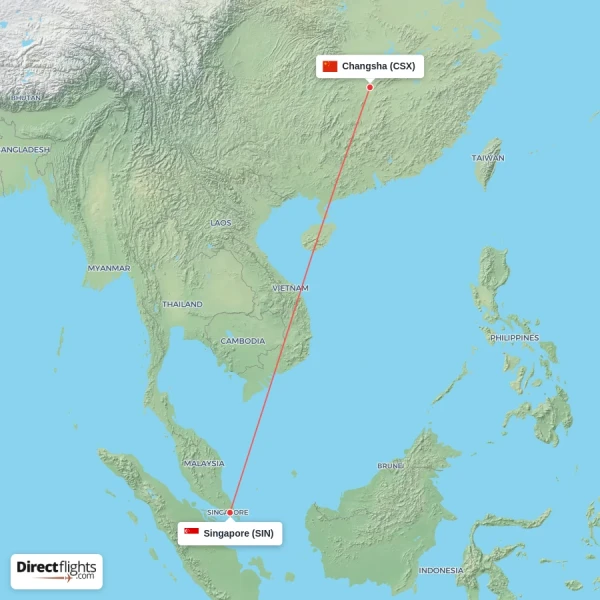 Changsha - Singapore direct flight map