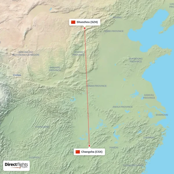 Changsha - Shuozhou direct flight map