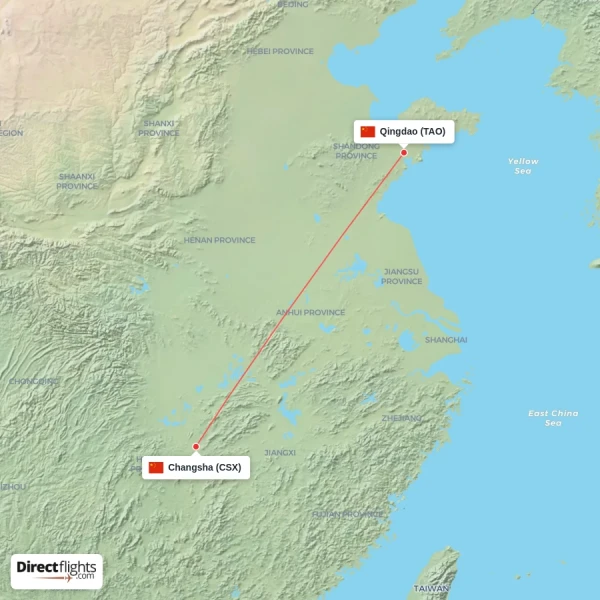 Changsha - Qingdao direct flight map