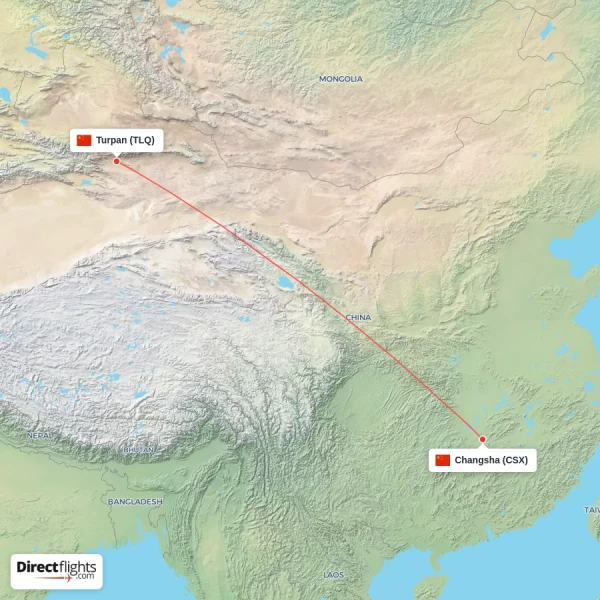 Changsha - Turpan direct flight map