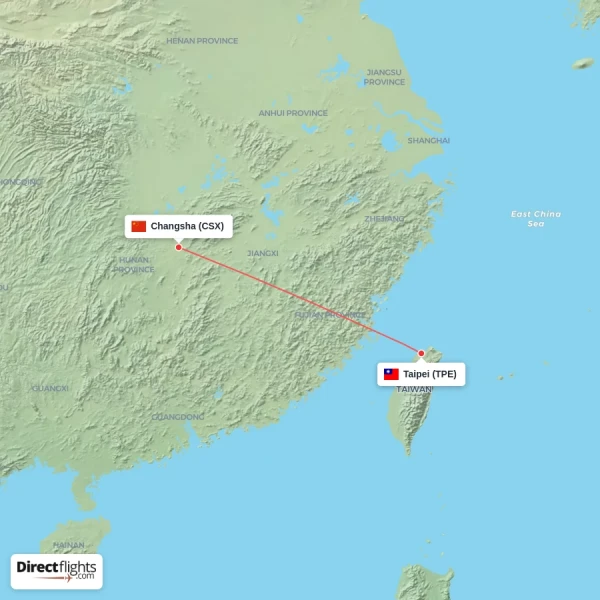 Changsha - Taipei direct flight map