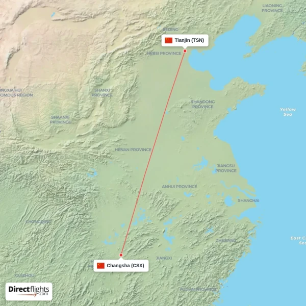 Changsha - Tianjin direct flight map