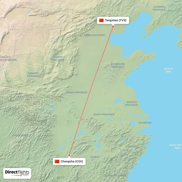 Changsha - Tangshan direct flight map