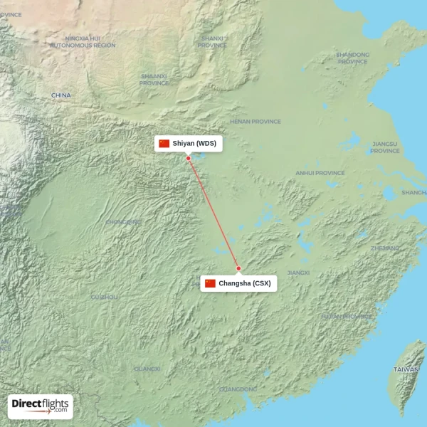 Changsha - Shiyan direct flight map