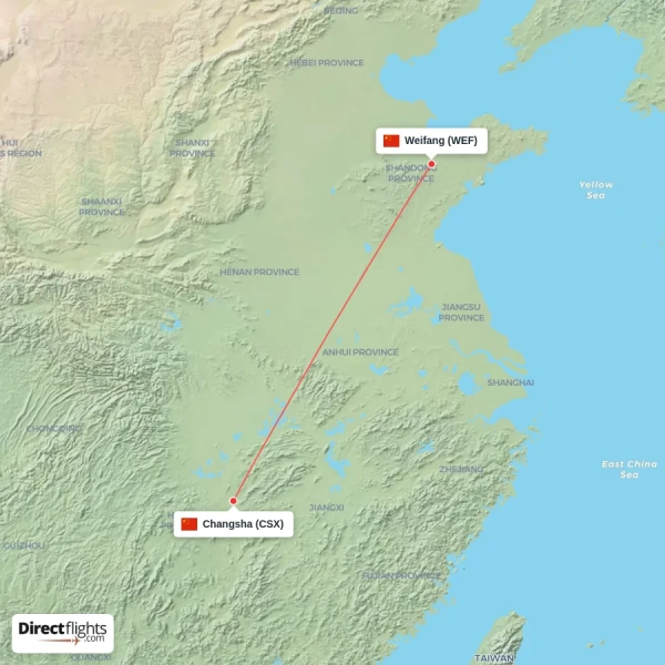 Changsha - Weifang direct flight map