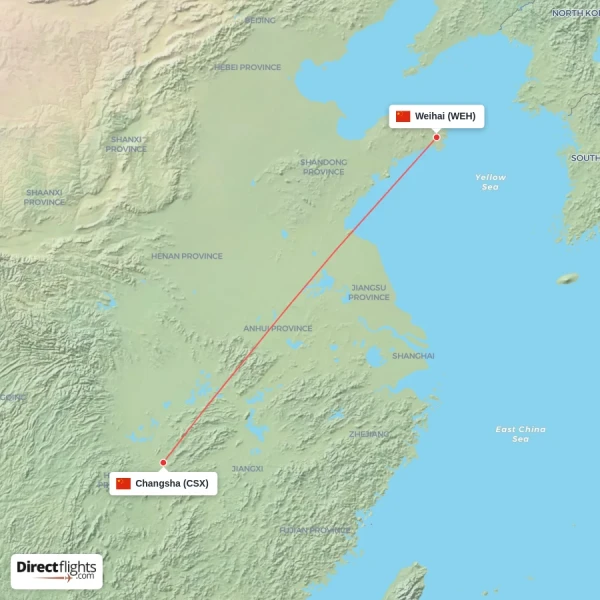 Changsha - Weihai direct flight map