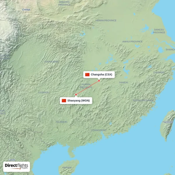 Changsha - Shaoyang direct flight map