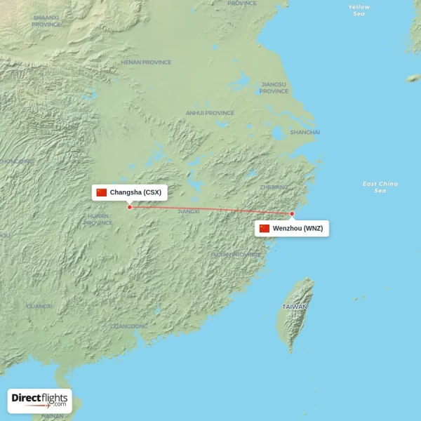 Changsha - Wenzhou direct flight map