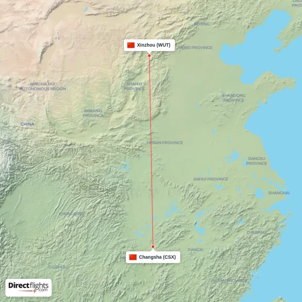 Changsha - Xinzhou direct flight map