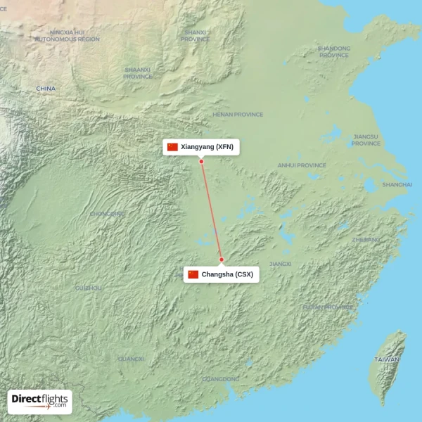 Changsha - Xiangyang direct flight map