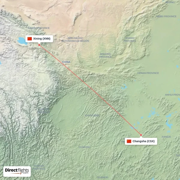 Changsha - Xining direct flight map