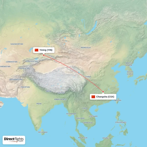 Changsha - Yining direct flight map