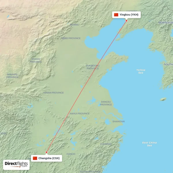 Changsha - Yingkou direct flight map