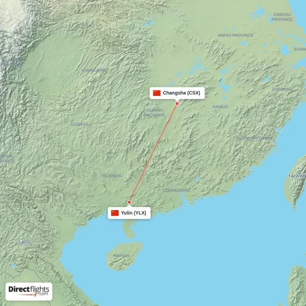 Changsha - Yulin direct flight map