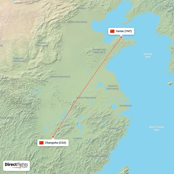Changsha - Yantai direct flight map
