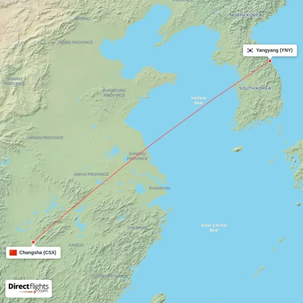 Changsha - Yangyang direct flight map