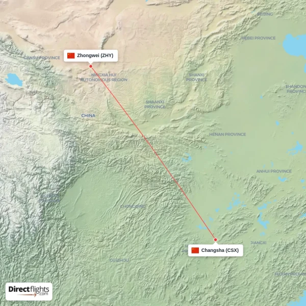 Changsha - Zhongwei direct flight map