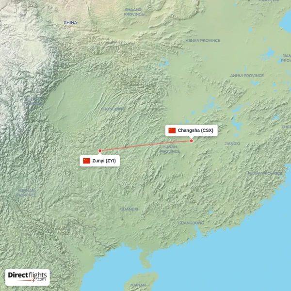 Changsha - Zunyi direct flight map
