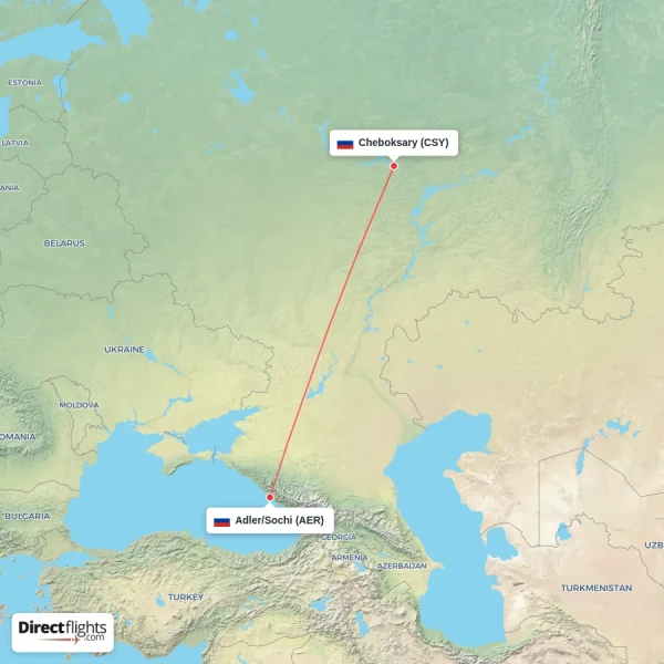 Cheboksary - Adler/Sochi direct flight map